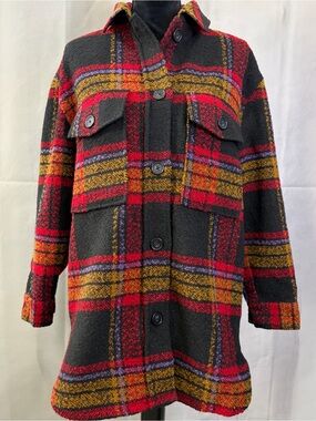 For The Republic Black Plaid Shacket with Red and Mustard Accents